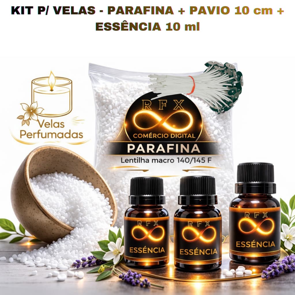 Kit Velas Artesanais l Parafina Lentilha + Pavio parafinado 10 cm A2030 + Essencia p/ Vela