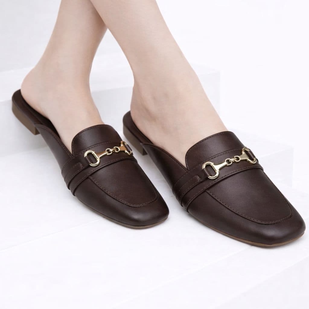Mule sapato feminino quadrado  Muller corrente mocassim detalhe abs dourado  elegância tendencia
