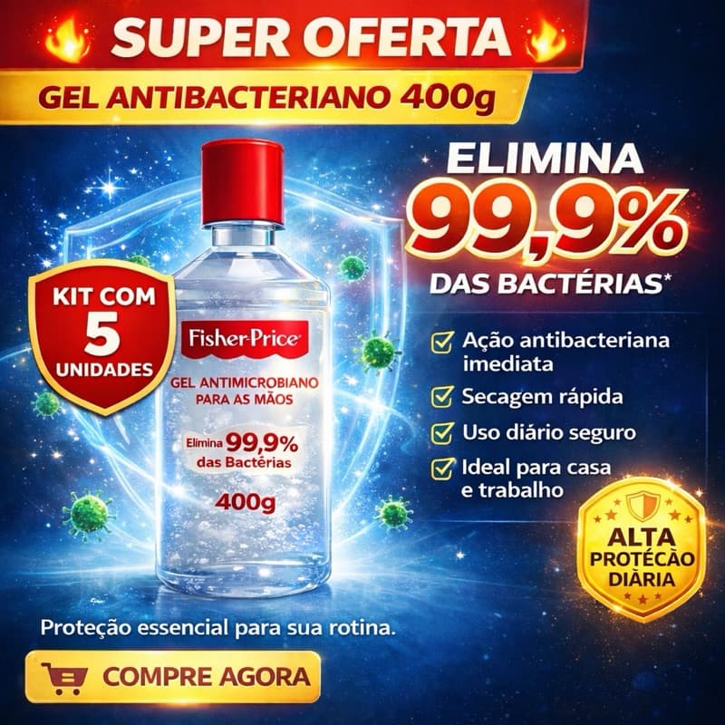 Kit com 5 Gel Antibacteriano 400gr cada | elimina 99,9% bacterias