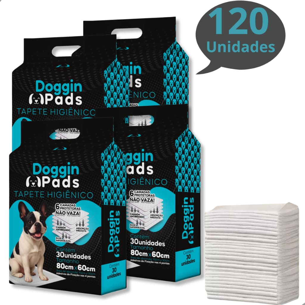 Kit 4 Tapete Higiênico para Cachorro Doggin Pads 80 x 60 cm - 120 Unidades