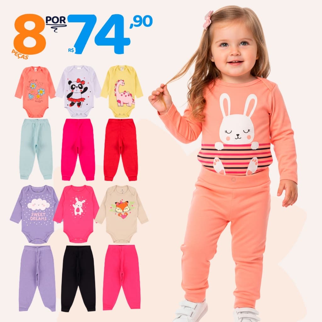 Kit 8 Peças de Roupas para Bebê Menina (4 Body Longo + 4 Calça Mijão)Kit 4 Conjuntos Calça e Body Roupa Infantil Bebê