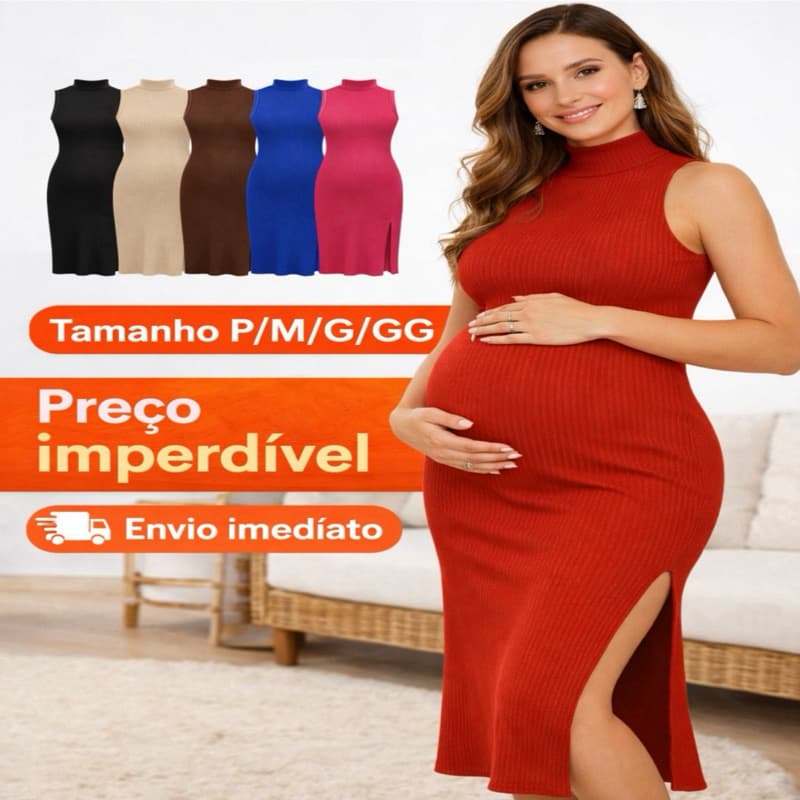 Vestido Feminino Midi Canelado Ribana Gola Alta  Para Gestantes Grávidas do P ao GG Preço Promocional Envio Imediato