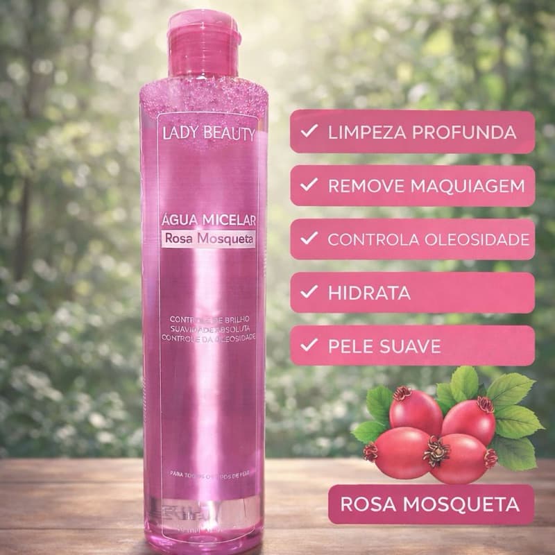 Água Micelar Facial 300ml – Removedor de Maquiagem Rosa Mosqueta para Pele Sensível Oleosa