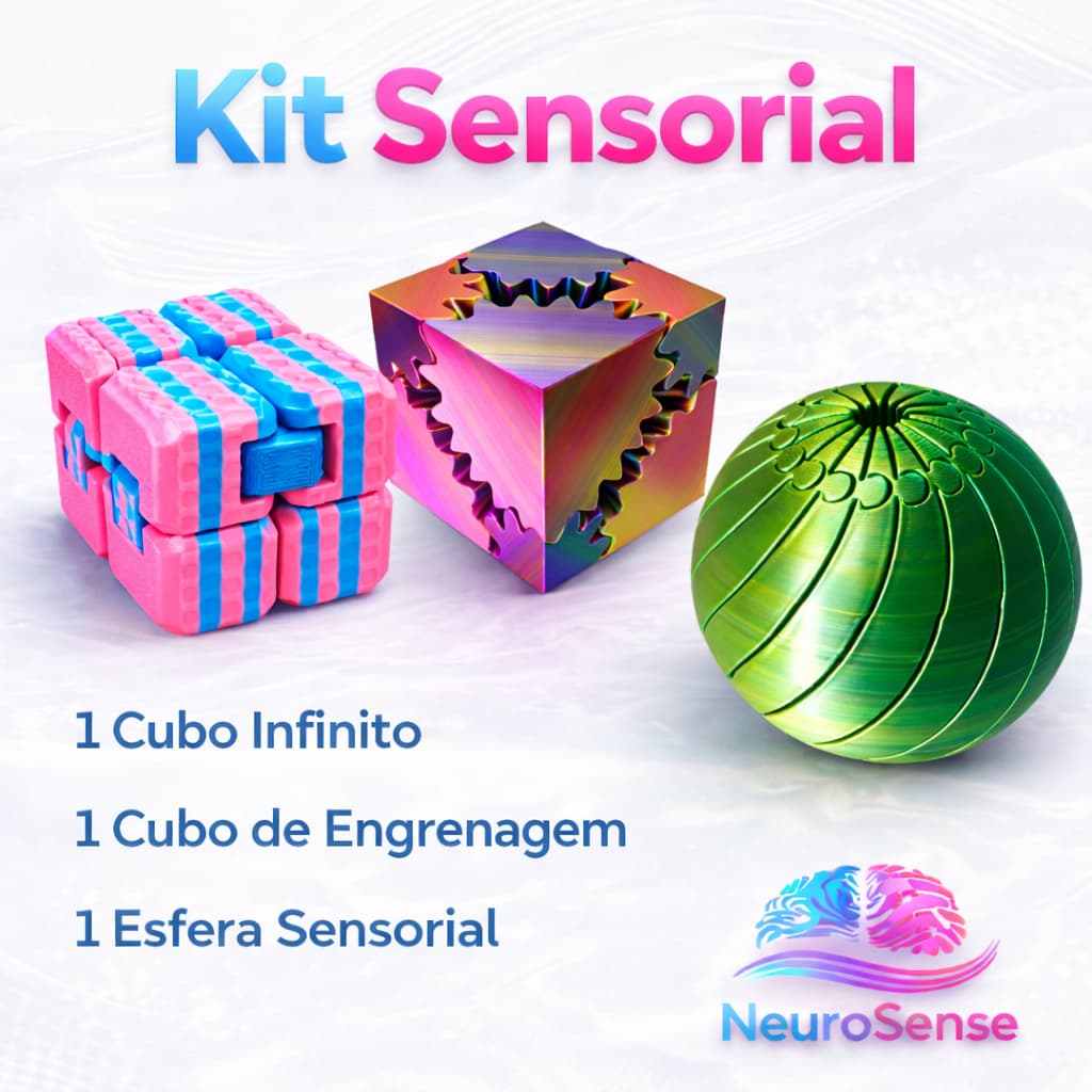 Kit Sensorial 3 em 1 Anti Estresse – Cubo Infinito, Cubo Engrenagem e Esfera Sensorial | Fidget
