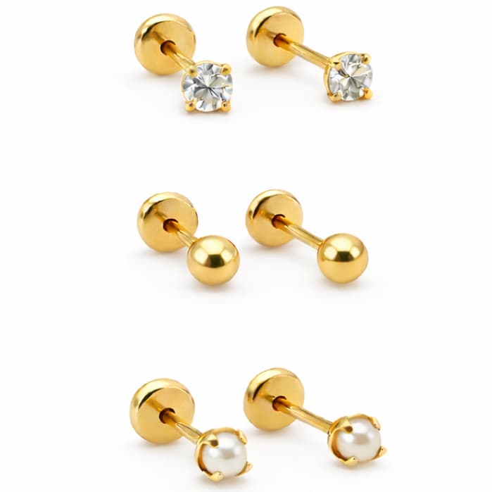 Brinco Feminino Infantil Tarraxa Baby Trio Pedrinha, Bolinha e Perola Folheado a Ouro 18k Hipoalergênico