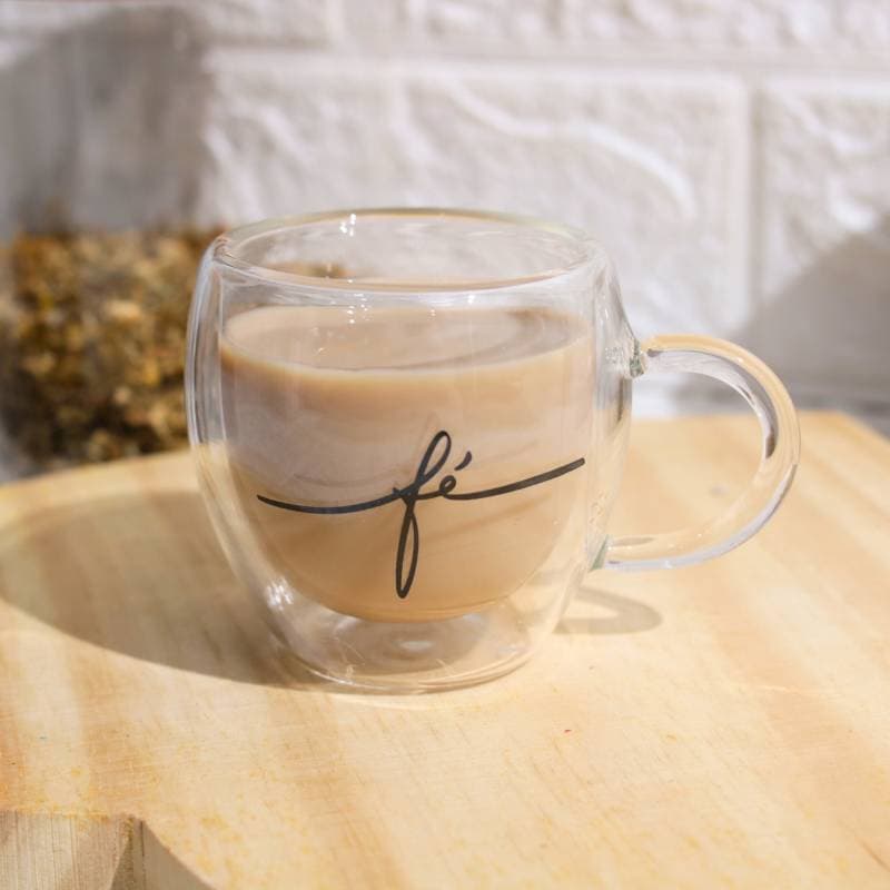 Xícara de Vidro Parede Dupla 100ml - Personalizada "Fé" | Elegância, Conforto e Inspiração no seu Momento de Café ou Chá