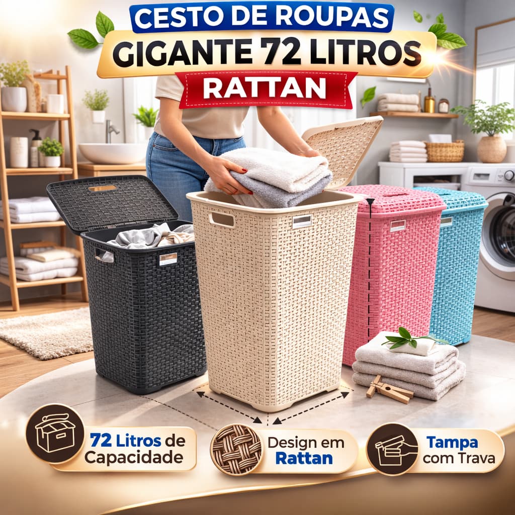 Cesto Roupa Suja 72L Grande com Tampa Organizador Lavanderia Banheiro Quarto Plástico Resistente Cesto Roupas Família