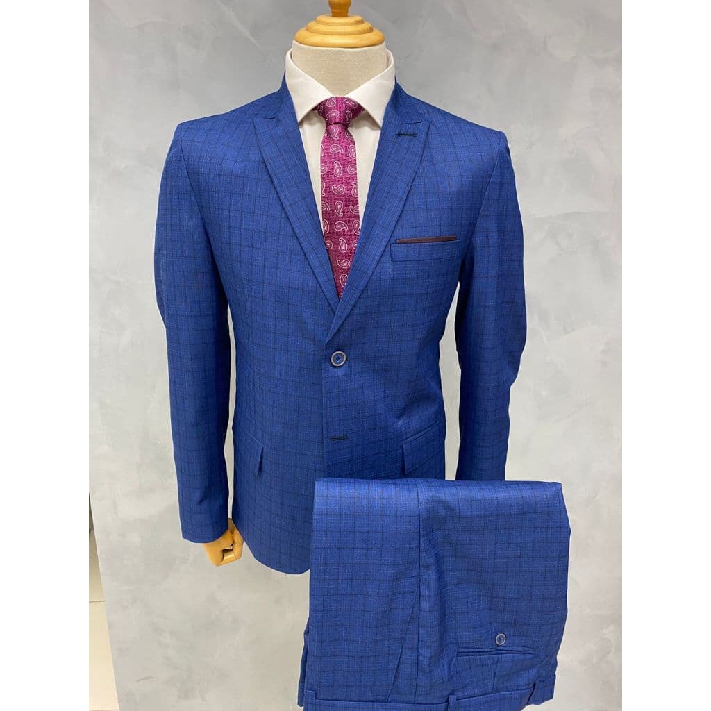 Terno Slim Principe de Gales Casemira Cor Azul Quadriculado Alta Costura Premium