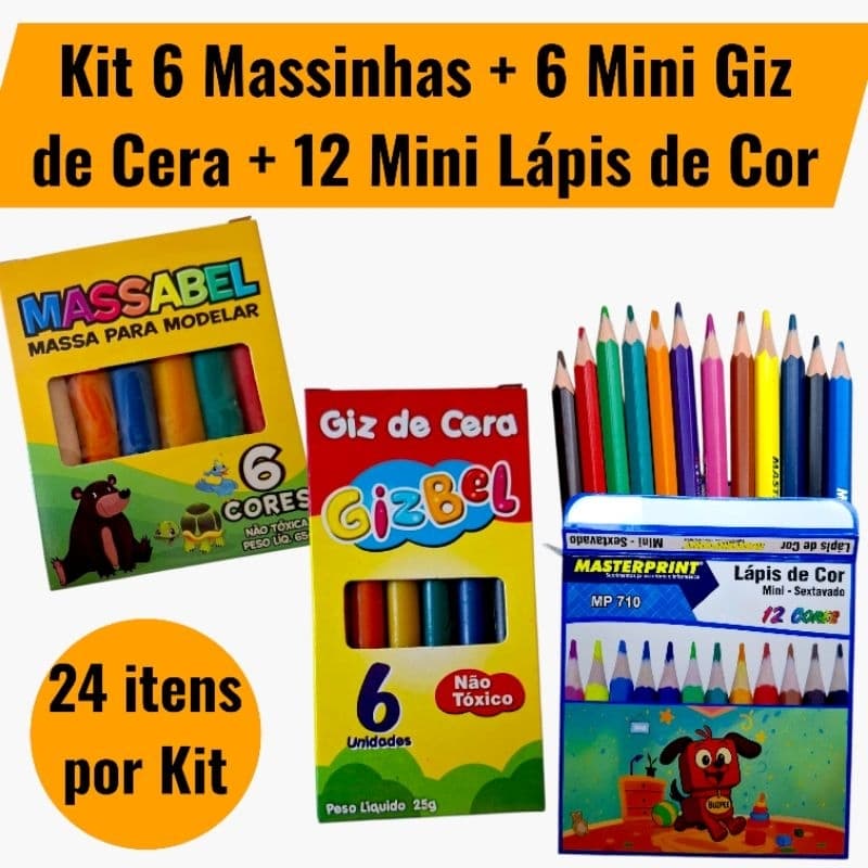 Kit Lembrancinha Escolar 24 Itens | Mini Lápis de Cor + Giz + Massinha | Festa e Sala de Aula (1, 3, 5 ou 10 kits)