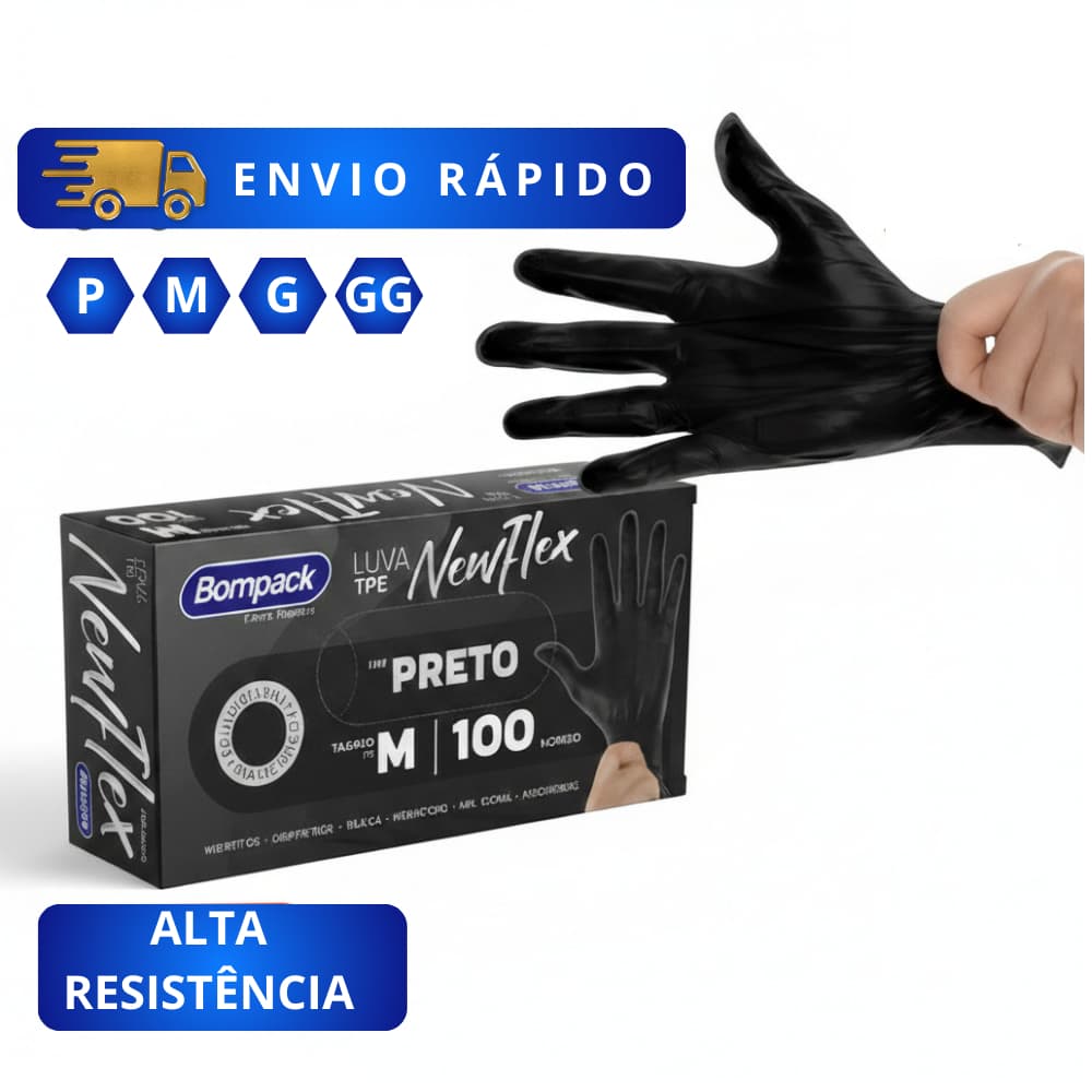 Luva Preta Descartável Sem Pó TPE Alta Resistência Churrasco Clínicas Cuidado Limpeza Alimentos