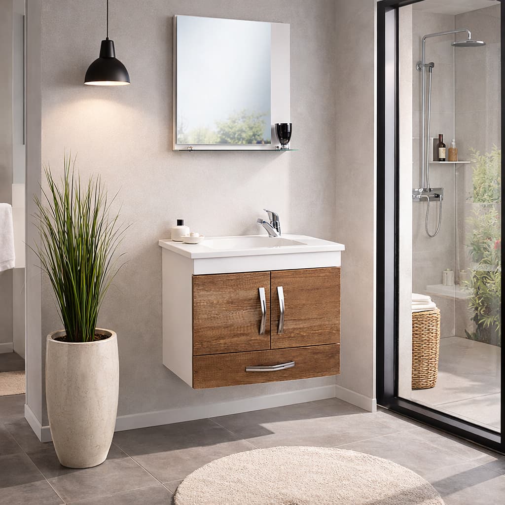 Conjunto 3 Peças Gabinete + Espelho + Cuba Armário Móvel Combo Banheiro 100% MDF Moderno e Completo