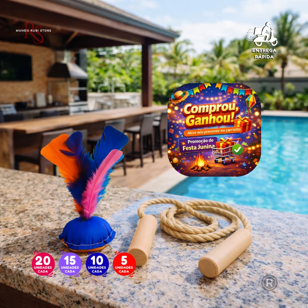 Peteca e Pula Corda Infantil Festa Junina Prendas Aniversário Brinquedo Presentes Kit 20-15-10-5 Quermesse