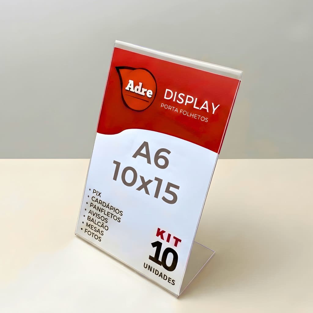 10 Suporte Displays A6 L Expositor 10x15 Acrílico (PS) Placa pix Aviso Mesa Balcao Cardapio Licenças