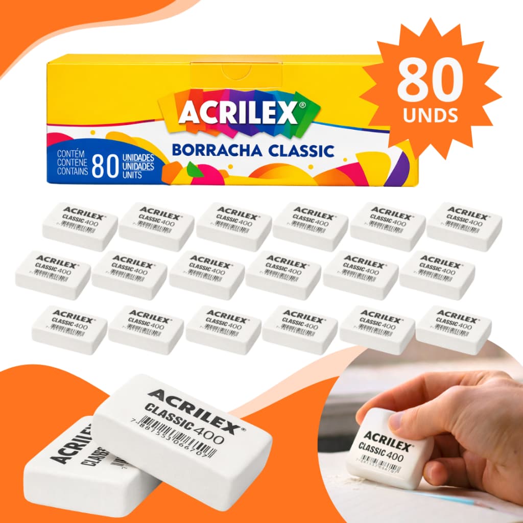 Kit 40/80 Borrachas Branca Material Escolar Escritório Caixa Não Tóxica Livre de Plástico