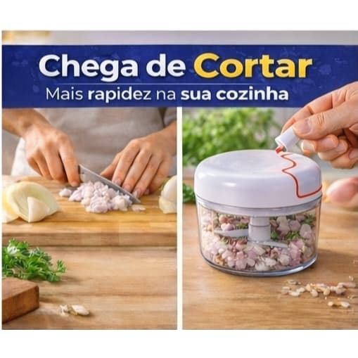 Mini Processador Manual de Alimentos Triturador de Alho Cebola Temperos com Corda Retrátil 2 Lâminas