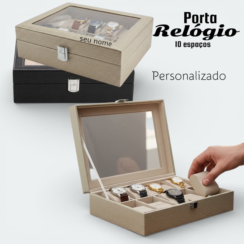 Porta Relógio 10 espaços com Visor de Vidro Organização Pulseiras Brincos e Colares Premium Hiddra