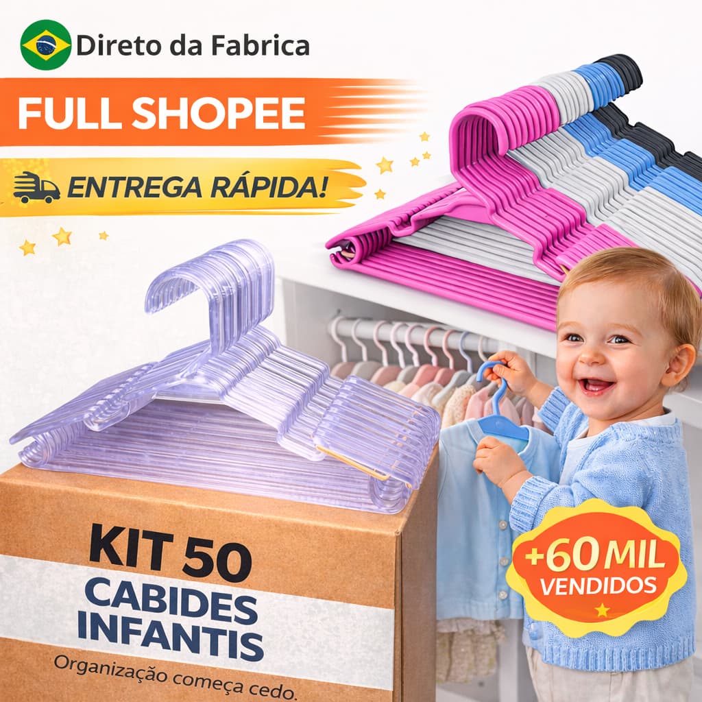 Kit até 50 Cabide Baby Infantil Juvenil Reforçado cores Azul, Rosa, Preto, Branco e Transparente.