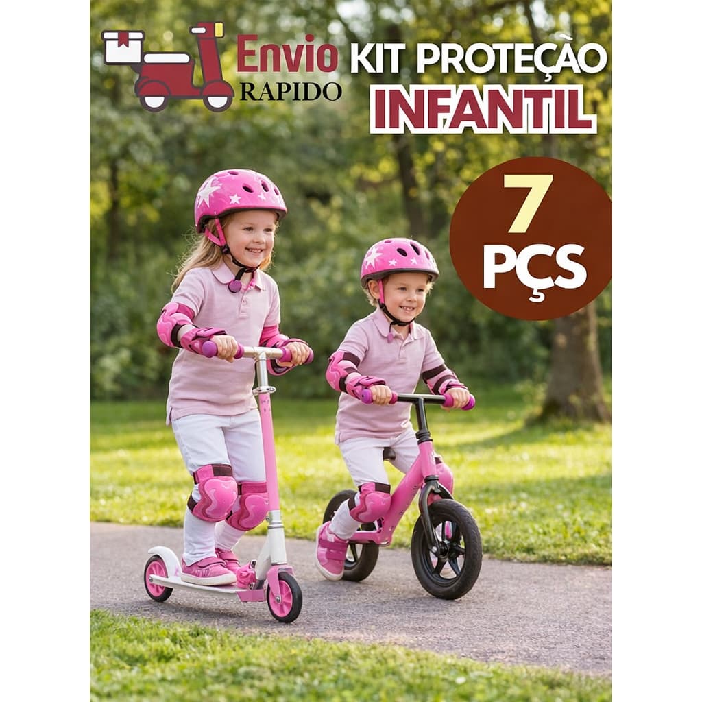 Kit Proteção Infantil 7 Peças ROSA – Capacete + Joelheiras + Cotoveleiras para Bicicleta, Patins e Patinete