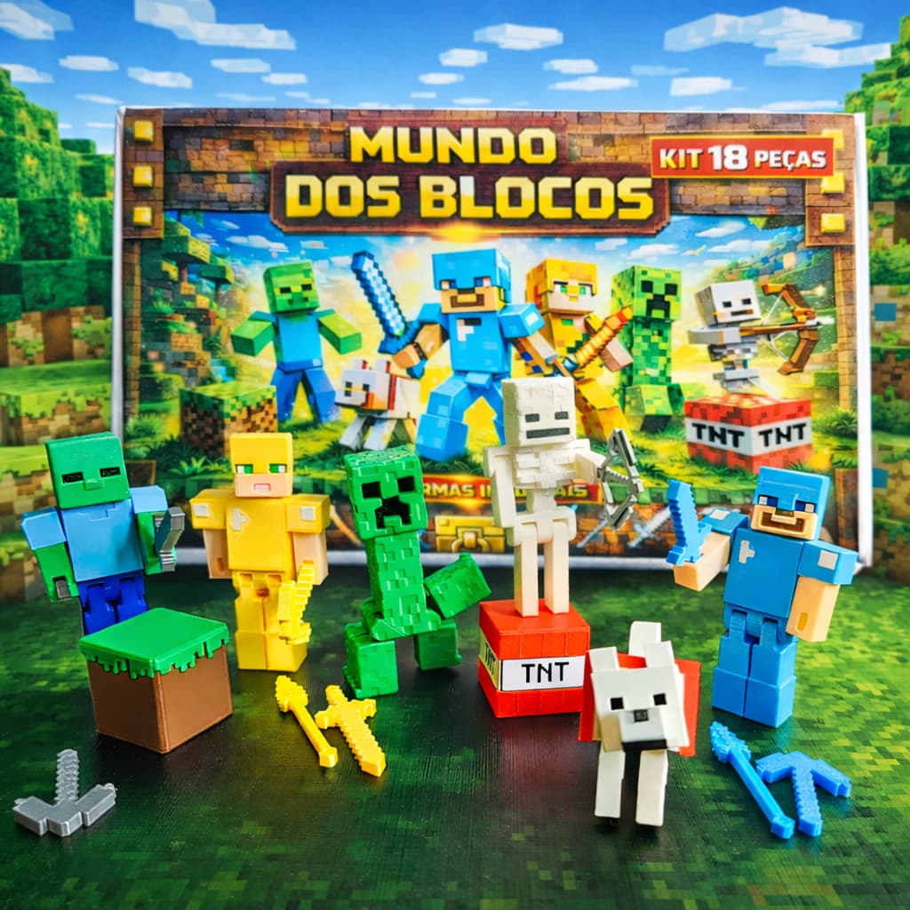 Kit Cartela 18 Peças Mine craft Articulados com Acessórios detalhados