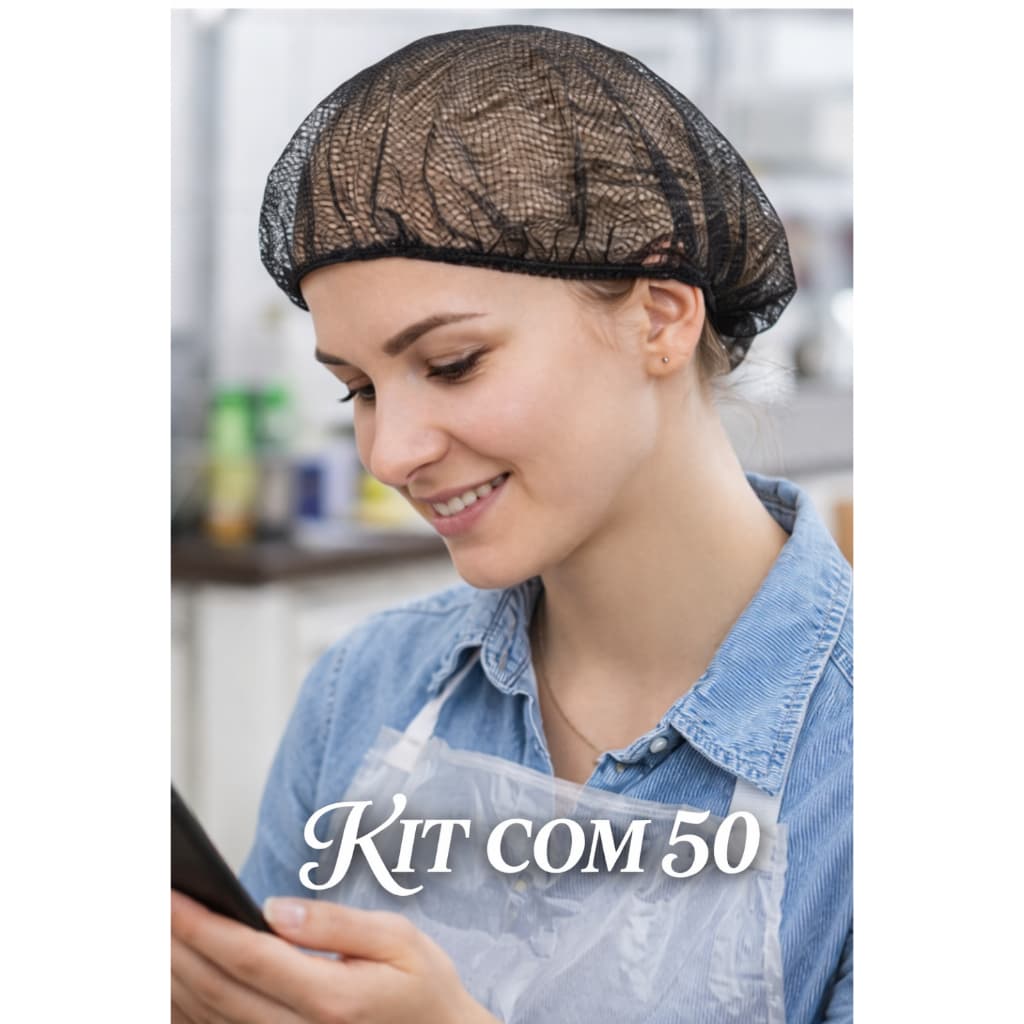 Kit com 50 Touca Redinha Preta Rede Cozinha Nylon Descartável Cabelo Capilar Restaurante Protetora Lavável Telinha Uso