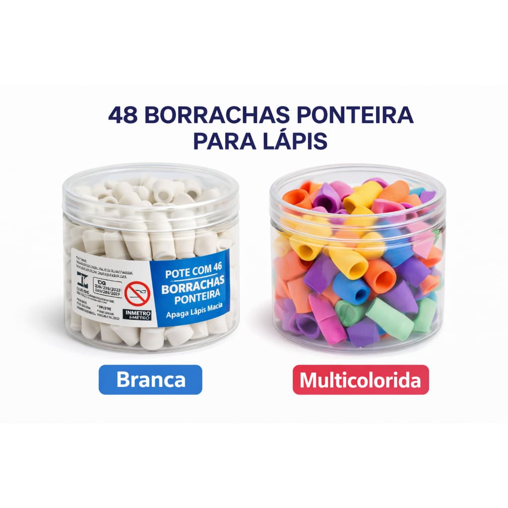 Kit Pote 48 Borrachas Ponteira para Lápis Escolar Apaga Fácil Branca ou Colorida
