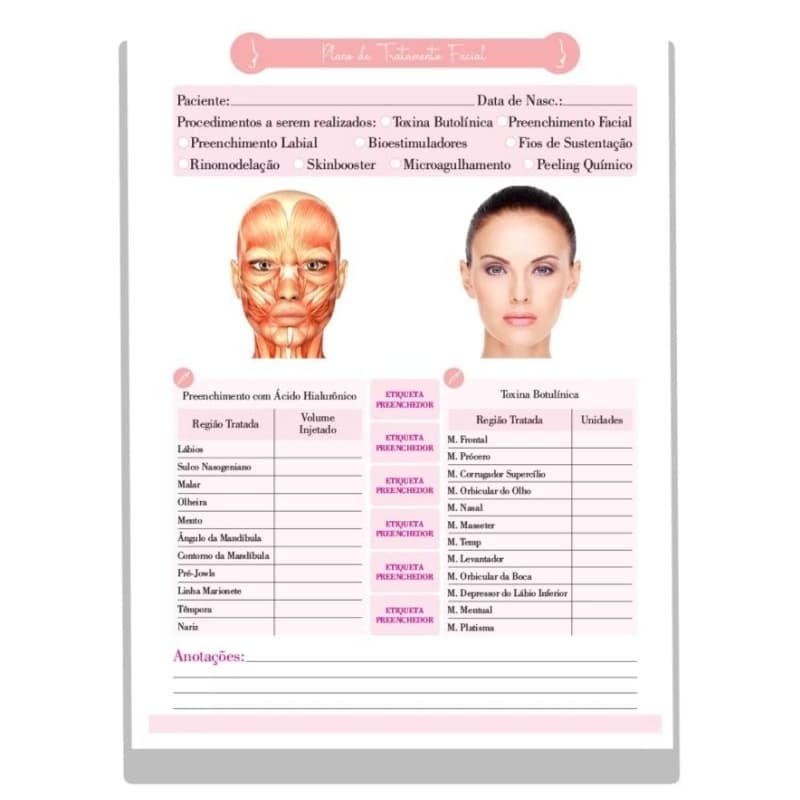 Bloco com 100 Fichas De Anamnese Plano de Tratamento Facial Botox A5