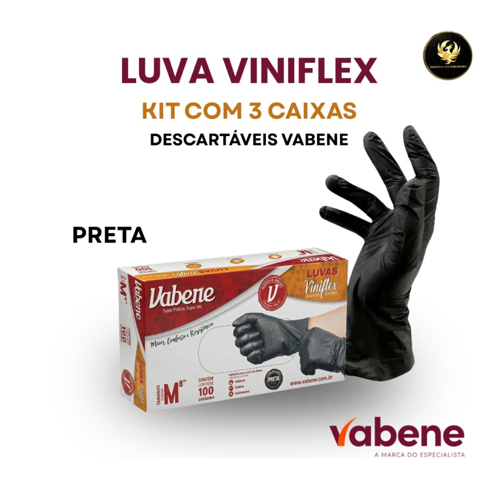 Kit com até 03 cxs de Luvas Viniflex PRETA Tamanho P / M / G /GG descartável sem pó - Vabene