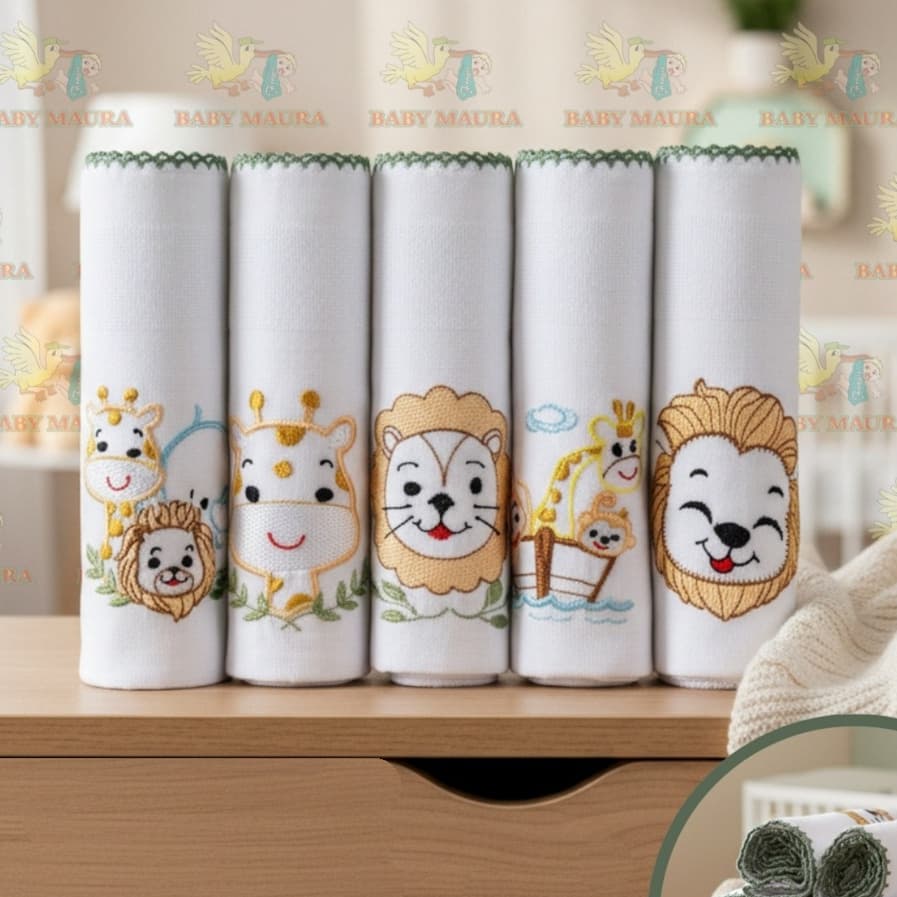 Kit 5 Fraldas de Pano Para Bebê Bordadas 70x70cm Tecido Duplo 100% Algodão Menino Menina