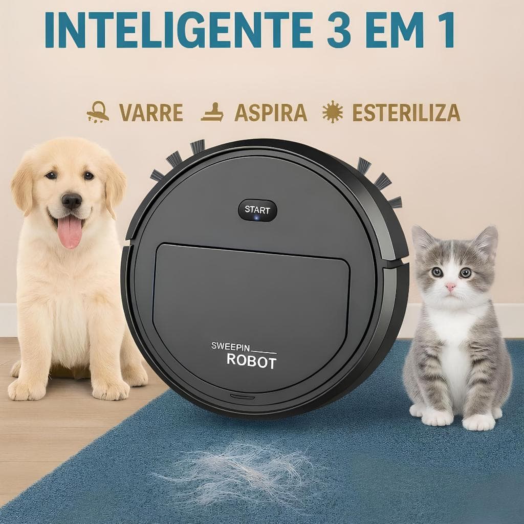 Robô Aspirador Inteligente 3 em 1 p/ Casa com Pets Varre, Aspira Passa Pano