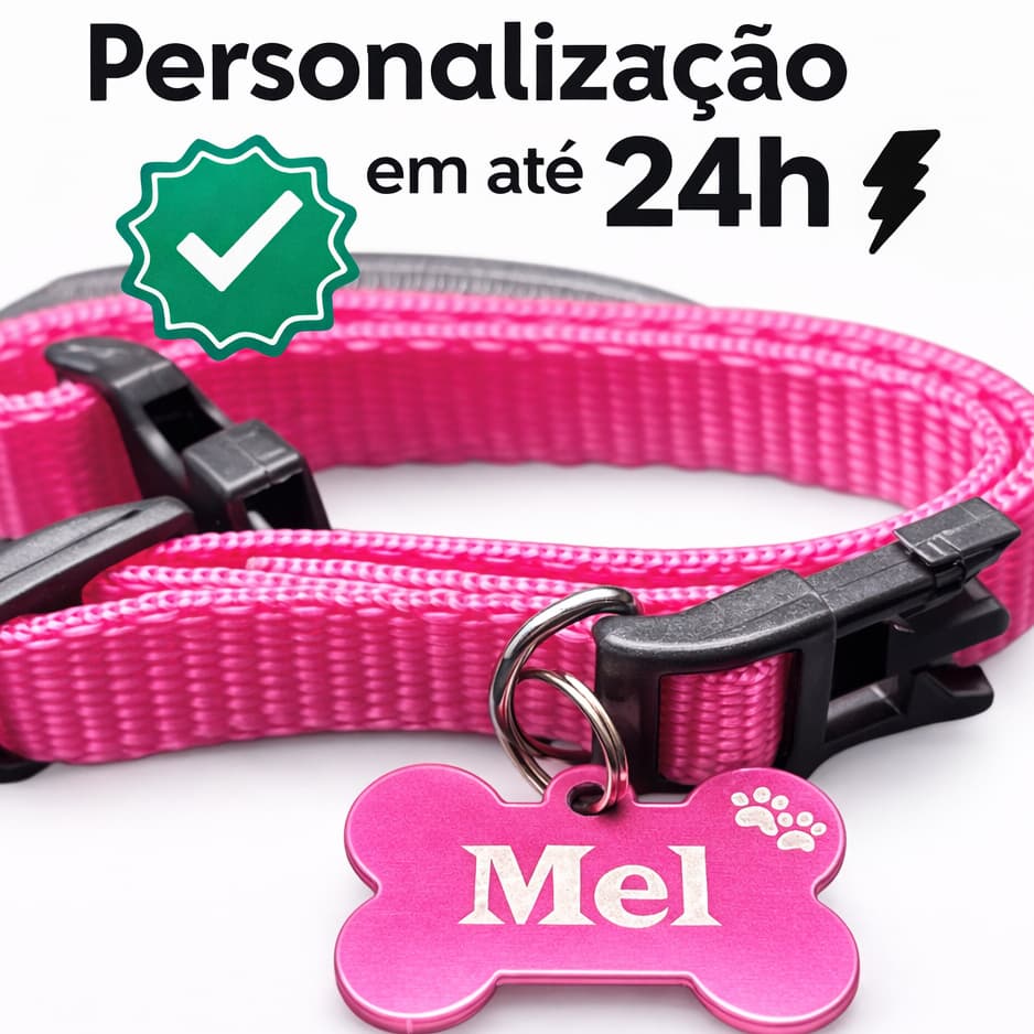 Kit Identificação Pet Personalizado | Coleira + Plaquinha com Nome e Telefone | Gravação a Laser
