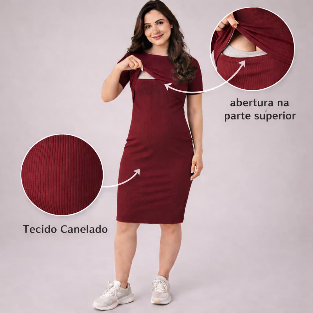 Vestido Gestante Amamentação Canelado Midi Manga Curta Abertura para Amamentar Confortável Moda Gravidez