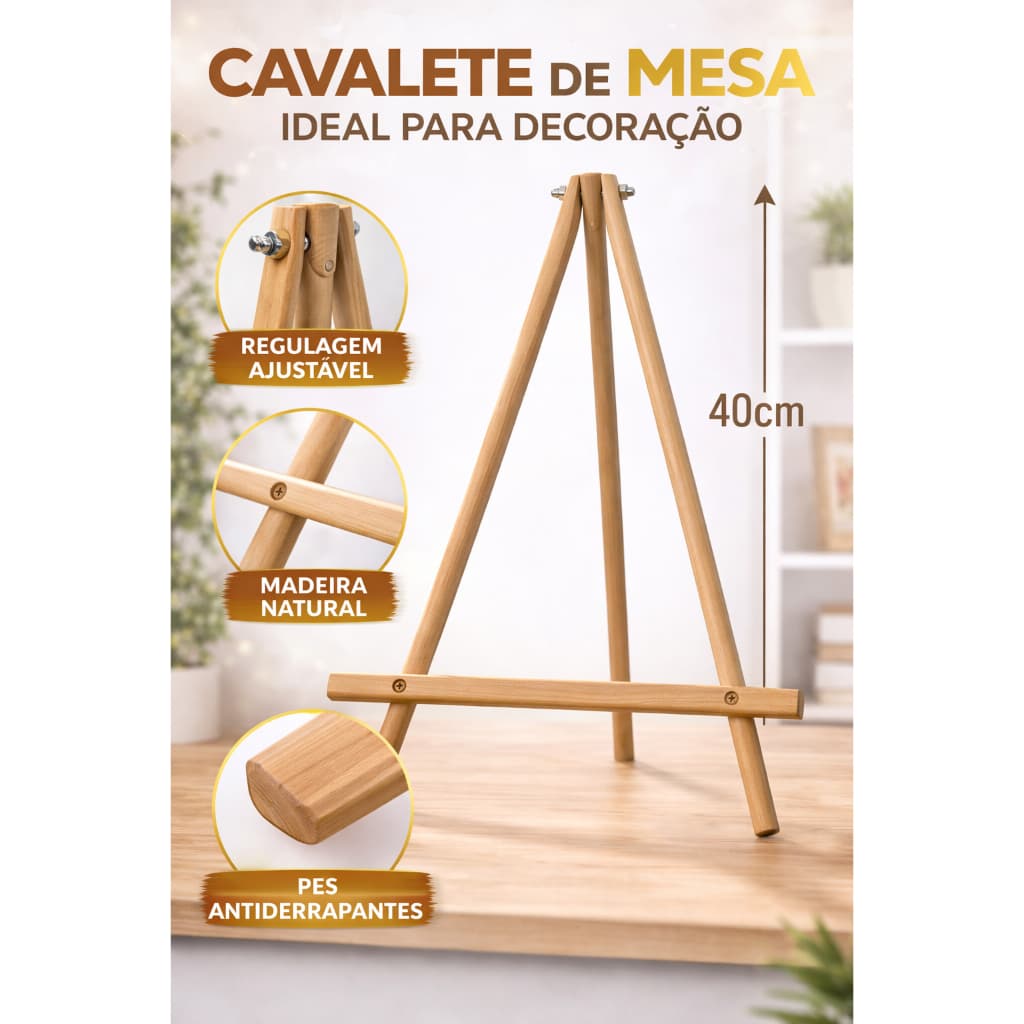 Cavalete de Mesa Madeira Natural Ajustável Decoração Suporte Quadro Premium Elegante