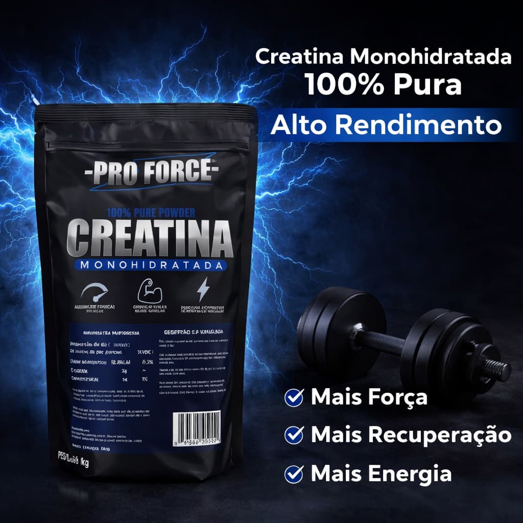 Creatina Monohidratada Pro Force 1kg – 100% Pura | Ganho de Massa, Força e Energia | Creatina para Academia e Hipertrofi