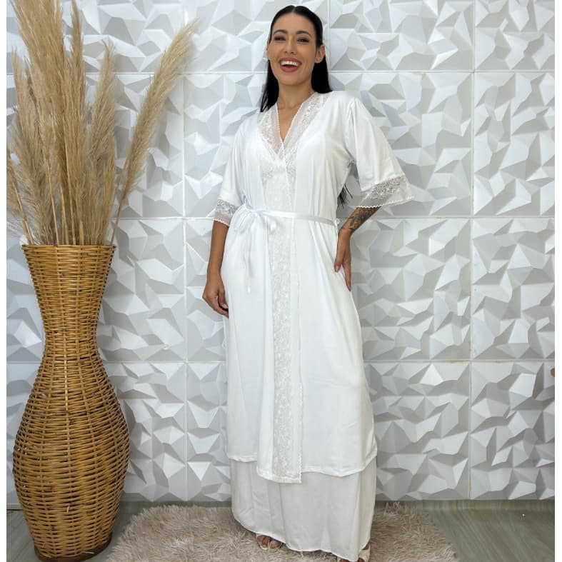 Robe Longo Noiva  Feminino Lingerie Sensual Renda Confortável Microfibra