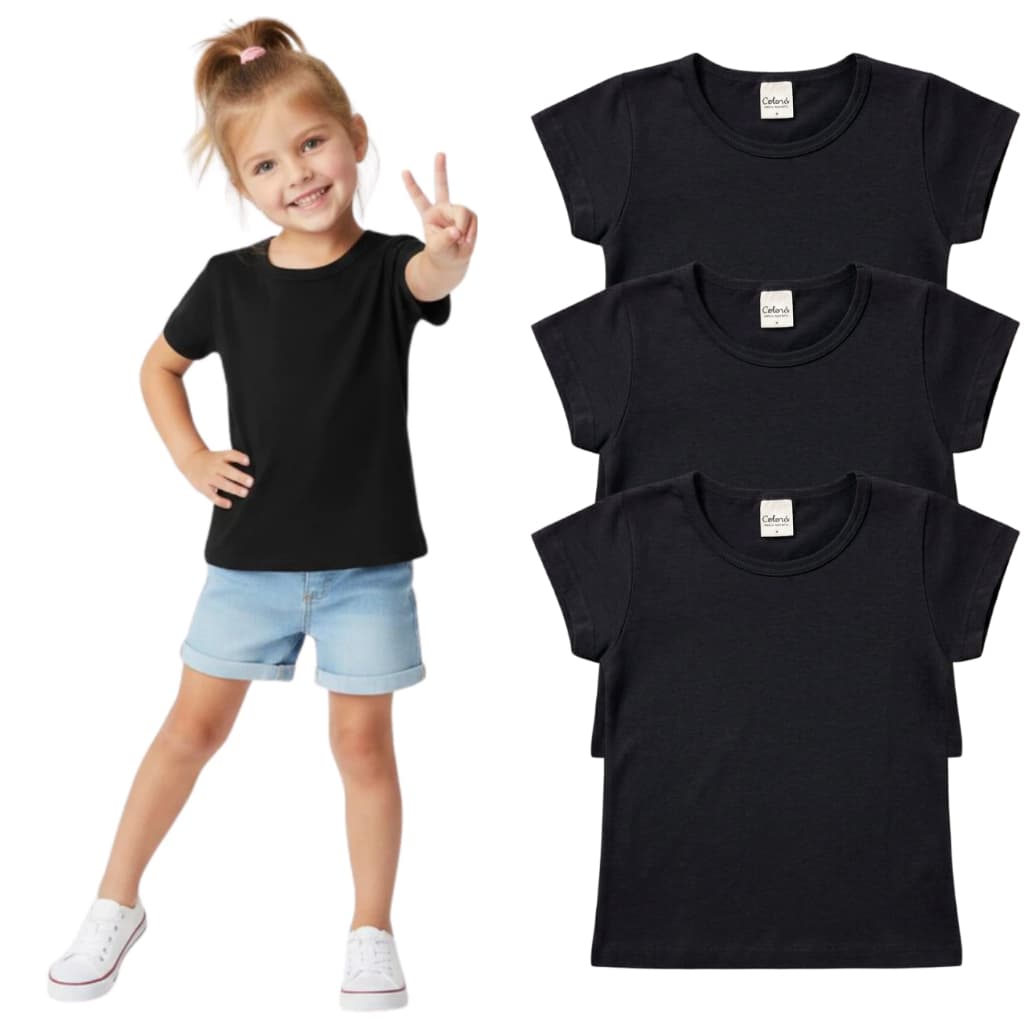 Camiseta Preto Infantil Menina Escolar Manga Curta Básica Lisa Blusa 2 ao 14 -- 100% algodão
