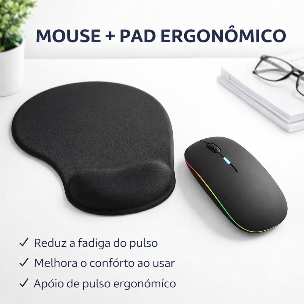 Kit Mouse Sem Fio Recarregável Mousepad Ergonômico Apoio Pulso Conforto Silencioso USB LED