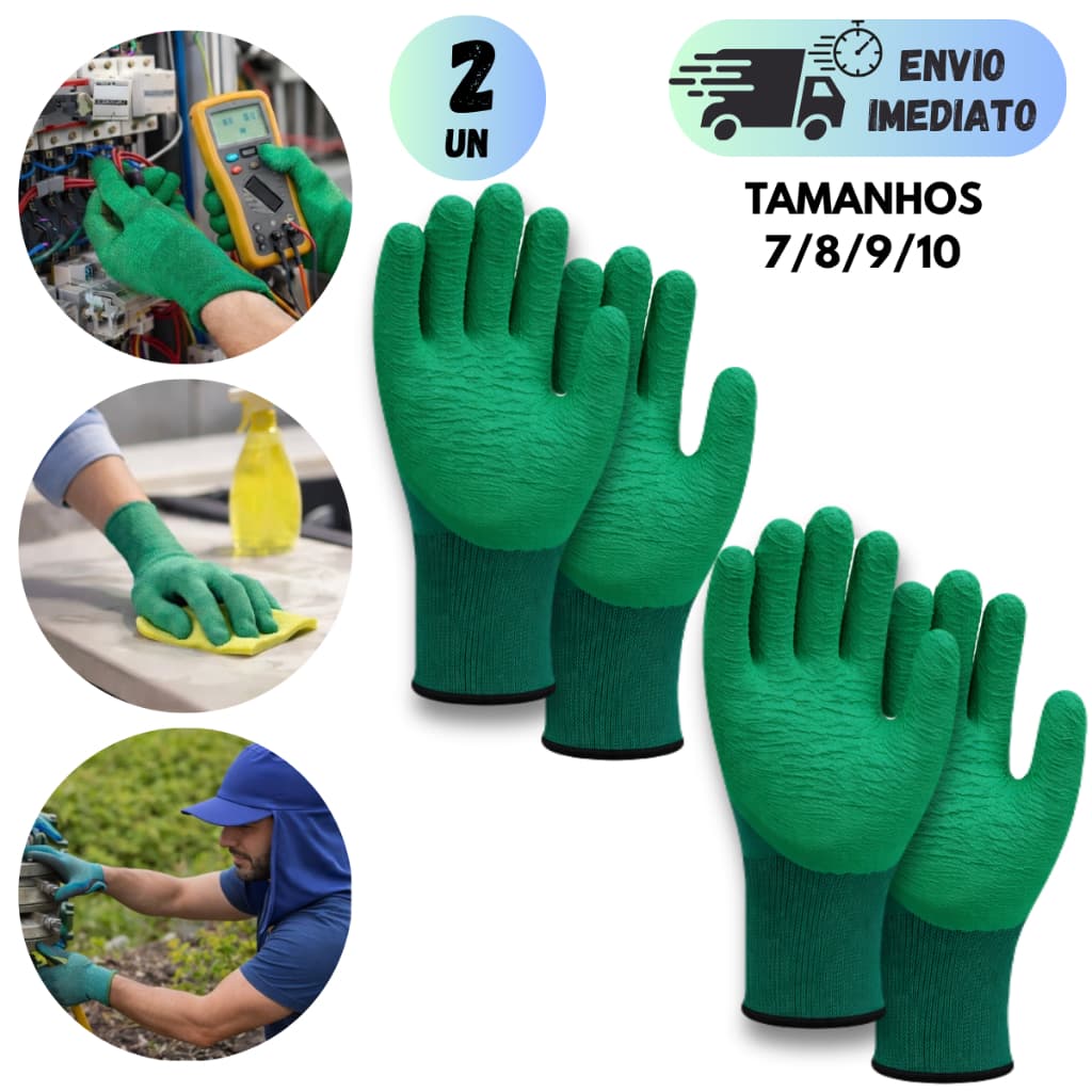 KIT 2 LUVA DE SEGURANÇA LATEX CORRUGADA POLIAMIDA ANTIDERRAPANTE PARA PEDREIRO CONSTRUÇÃO MULTIUSO