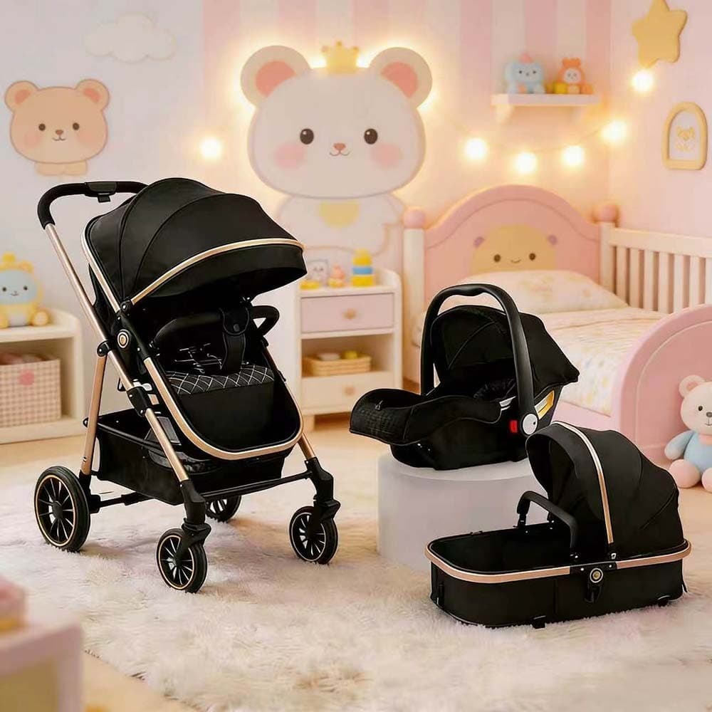 Carrinho de Bebê Luxuoso 3 em 1 com Moisés e Bebê Conforto – Seguro, Confortável e o Preferido das Mamães！