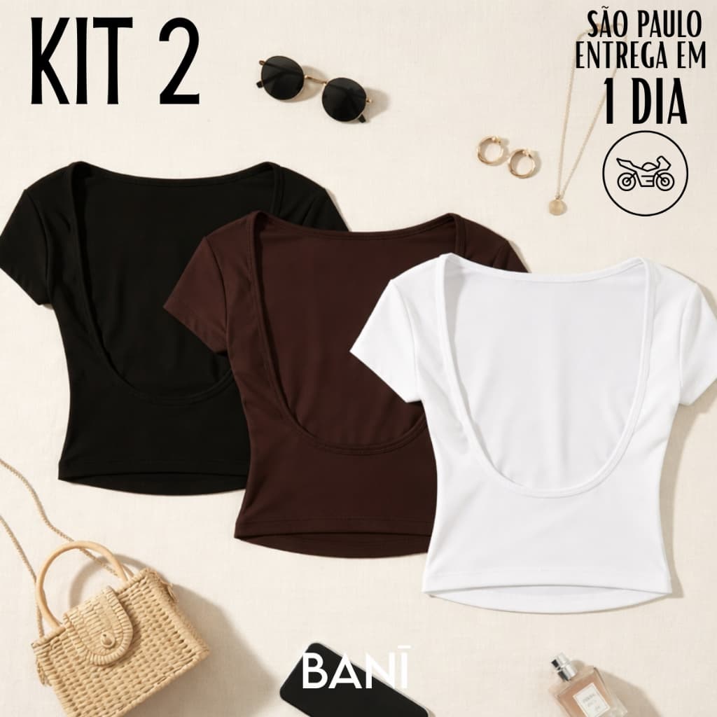 KIT 2 Cropped Costa Nua manga curta Feminina Ombro a Ombro Suplex Baby Tee Liso Casual Básico