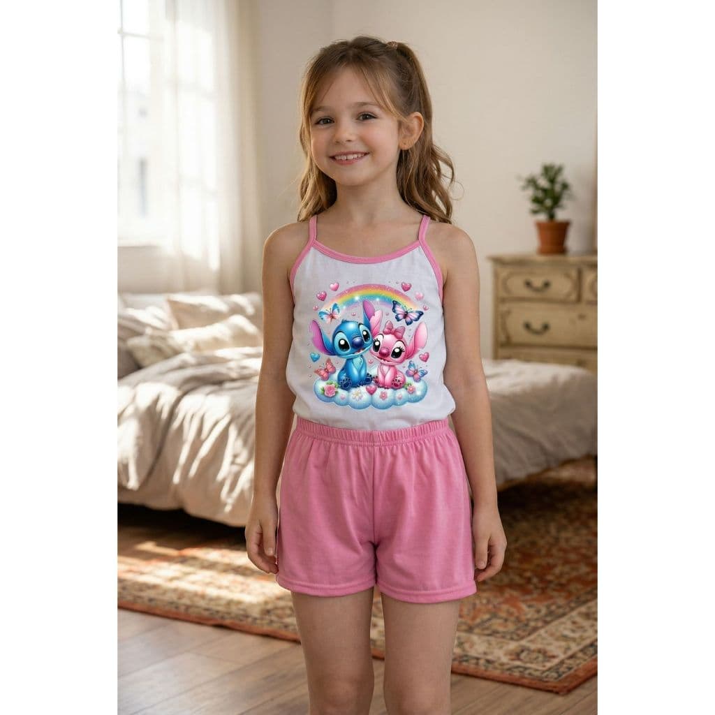 Pijama short doll infantil feminino de alça stitch baby doll personagens alcinha criança verão