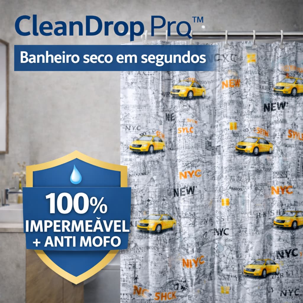 Cortina de Box Impermeável PVC Anti Mofo com Ganchos CleanDrop Pro™ Banheiro Moderna 1,38x1,98