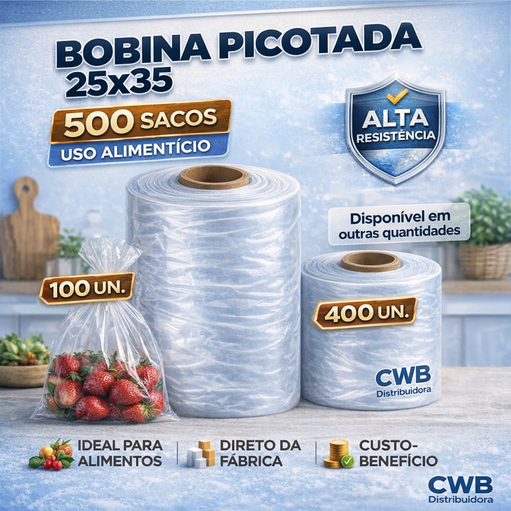 Bobina Plástica Picotada 25x35 com 500 Sacos Uso Alimentício Embalagem