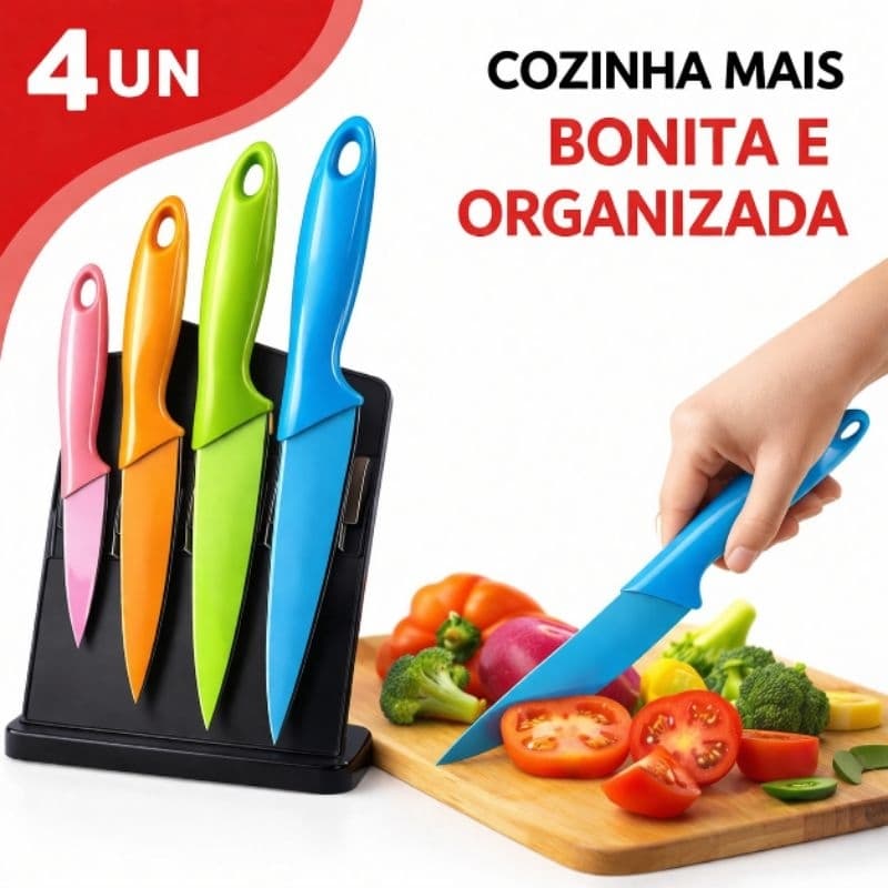 Jogo de Facas Aço Inox 4 Peças Coloridas Cozinha 3,5” a 6”