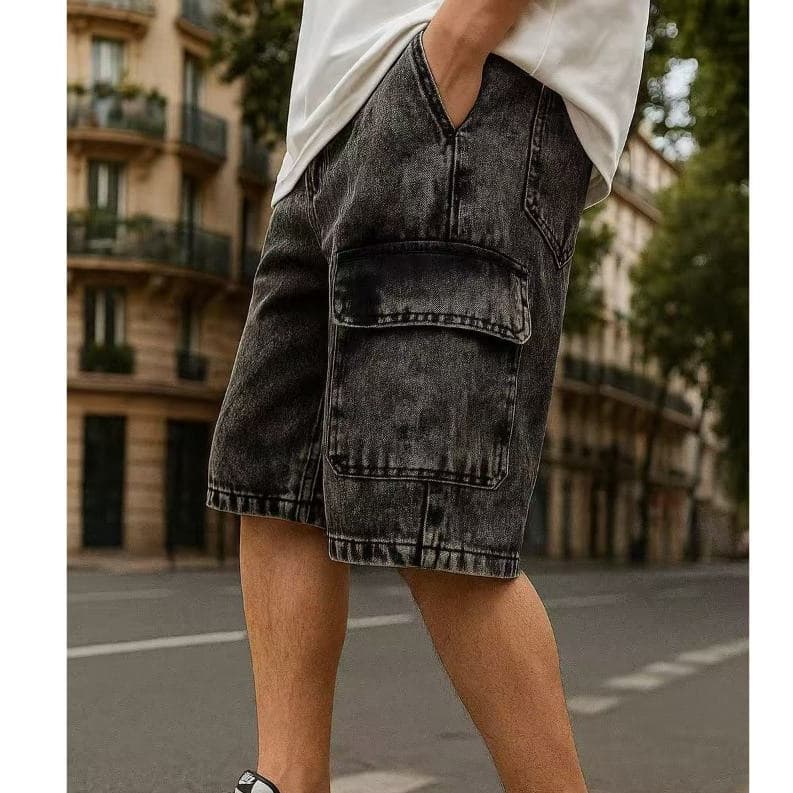 Bermuda Cargo Masculina Jeans Estonado Baagy Streetwear Solta Casual com Bolsos Grandes Cintura Codao P AO GG