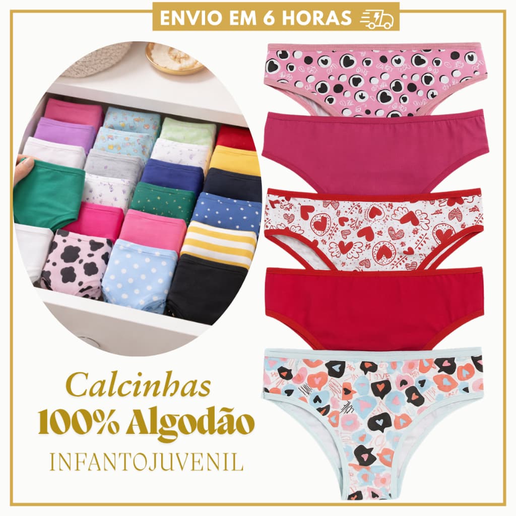 Kit Calcinhas Juvenil de Algodão com Forro Calcinha Infantojuvenil