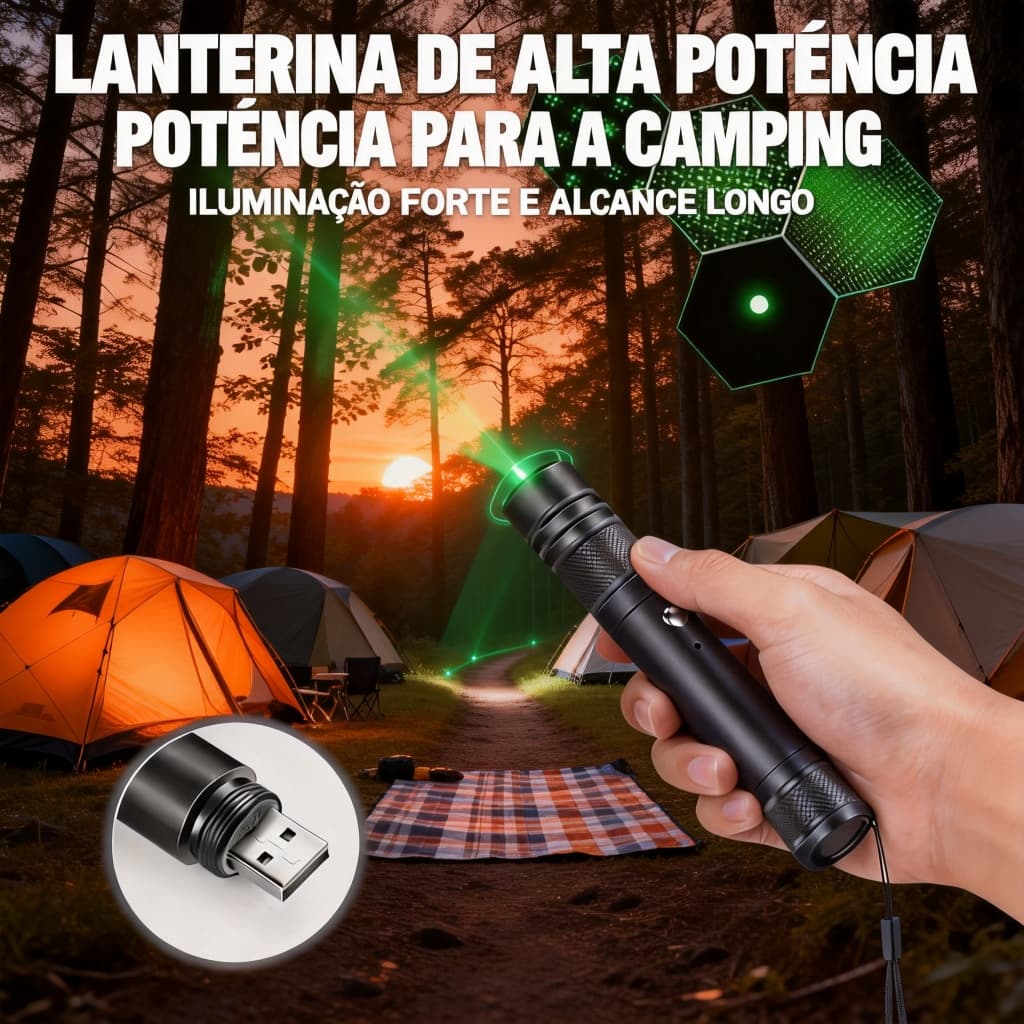 Lanterna Tática de Alta Potência com Ponteiro Laser Verde – Recarregável por USB, Iluminação Forte e Alcance Remoto para