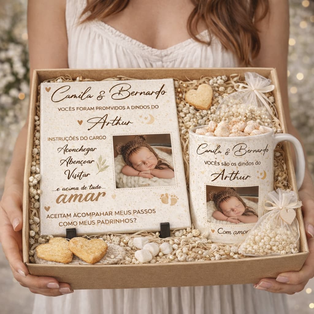 Kit Convite Personalizado Azulejo + Caneca com Foto + Suporte | Presente para Dindos e Dindas