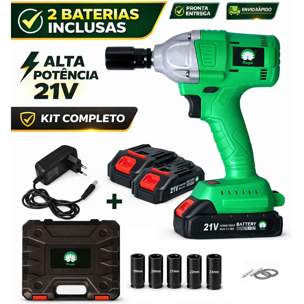 Chave de Impacto Sem Fio 350Nm 3200RPM Kit Completo Com Maleta e Soquetes + 2 Baterias Hagra