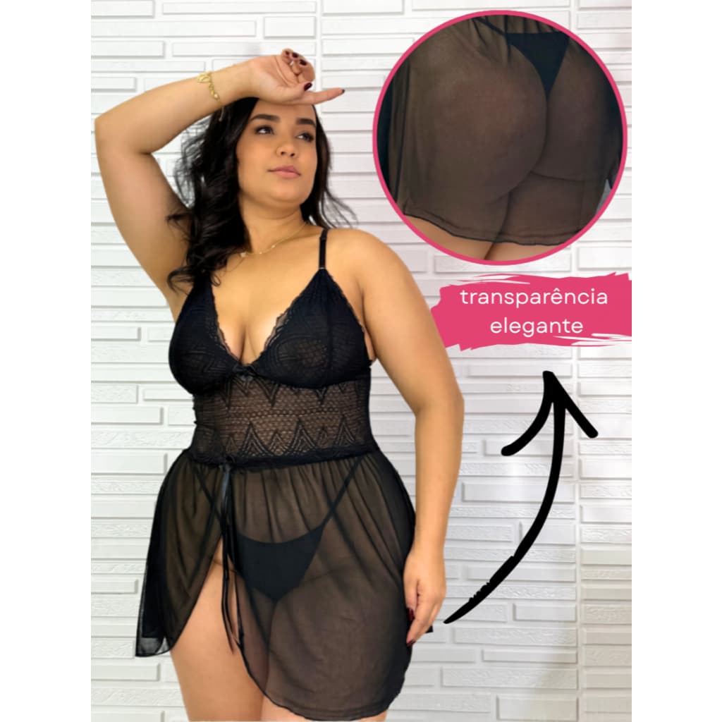 Camisola Plus Size Sexy em Tule e Renda com Calcinha Fio – Sem Bojo, Fenda Frontal Sensual Feminina