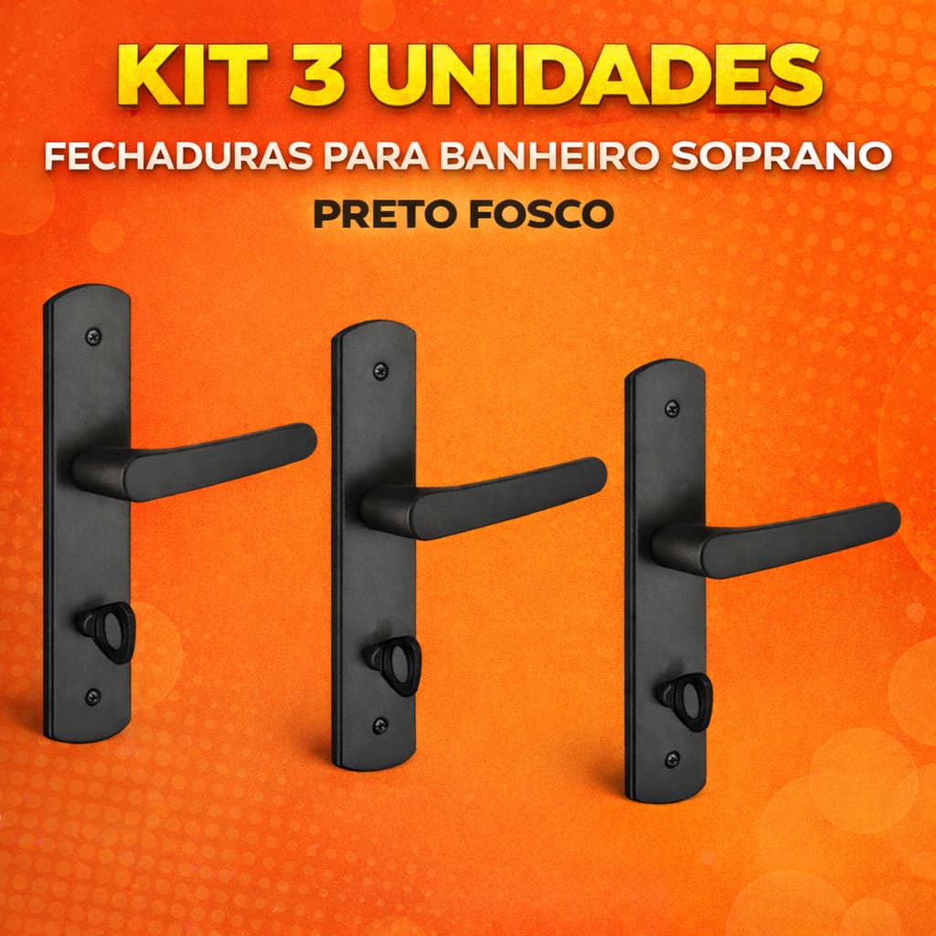 Kit 3 Fechaduras Para Banheiro | Acabamento Preto Fosco Anti Ferrugem | Soprano